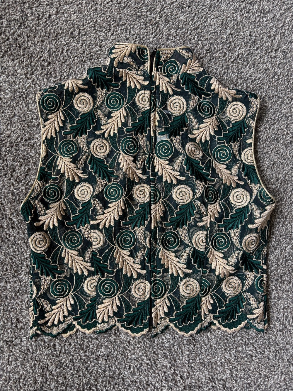 Sleeveless Embroidered Vest in Dark Green and Gold with Mandarin Collar, Zipper